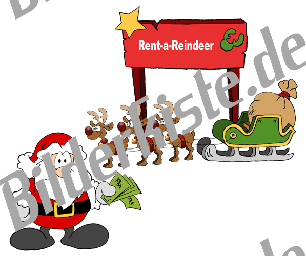 Chrristmas. Santa in front of a reindeer hire (not animated)