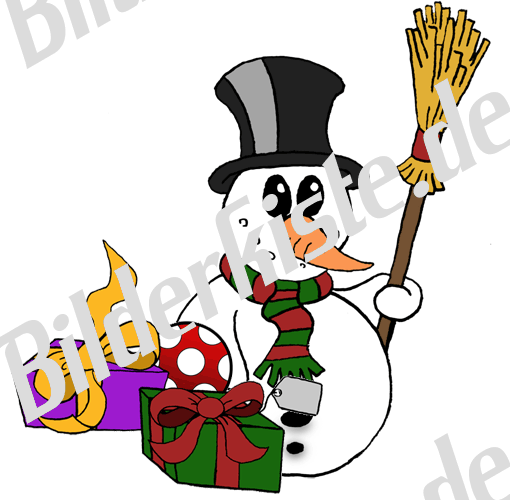 Winter: Schneemnner - mit Zylinderhut, Besen, Karottennase und Geschenken (nicht animiert)