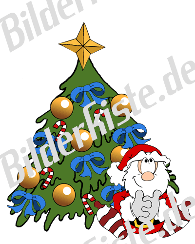 Natale: Babbo Natale davanti albero addobbato