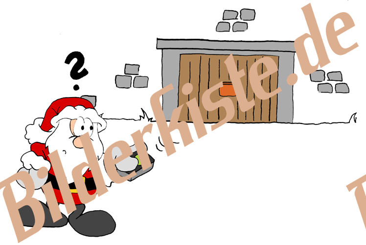 Weihnachten: Weihnachtsmann - mit Handsender vor Garage, Fragezeichen (nicht animiert)