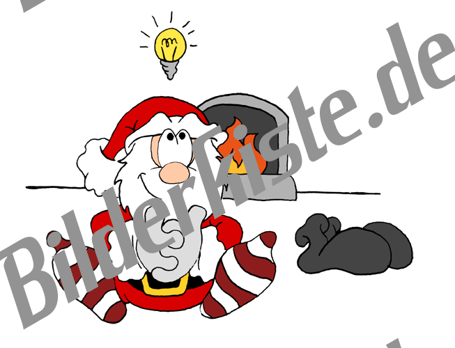 Christmas: Santa Claus - in front of fireplace having an idea (not animated)