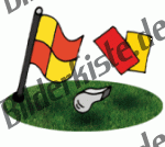 Football: Flag with whistle and cards on turf (not animated)