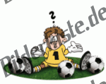 Fußball: Torwart mit 3 Bällen sitzt auf dem Rasen (nicht animiert)