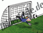 Football: Goalkeeper flying through goal (not animated)