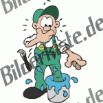 Handwerker: Maler tritt in Farbeimer (blau) - (nicht animiert)