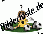 Fu�ball: Torwart mit 3 B�llen sitzt auf dem Rasen (nicht animiert)